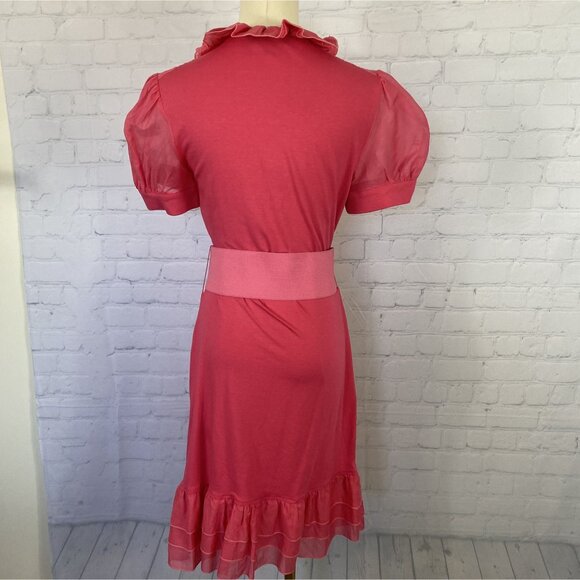Bebe Y2K Silk Medium Pink Ruffle Sheer Puff Sleeve Midi Belted Dress - Picture 6 of 8